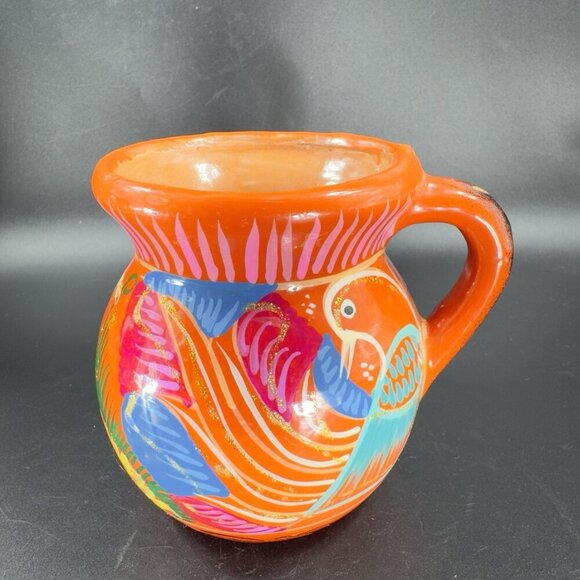 Mexico Tonala Pottery RedWare Coffee Mug Cup Jarrito Hand Painted Birds Vintage - Picture 11 of 13